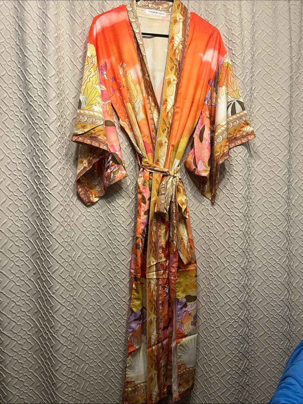Vibrant Orange Printed Silk Kimono Robe
